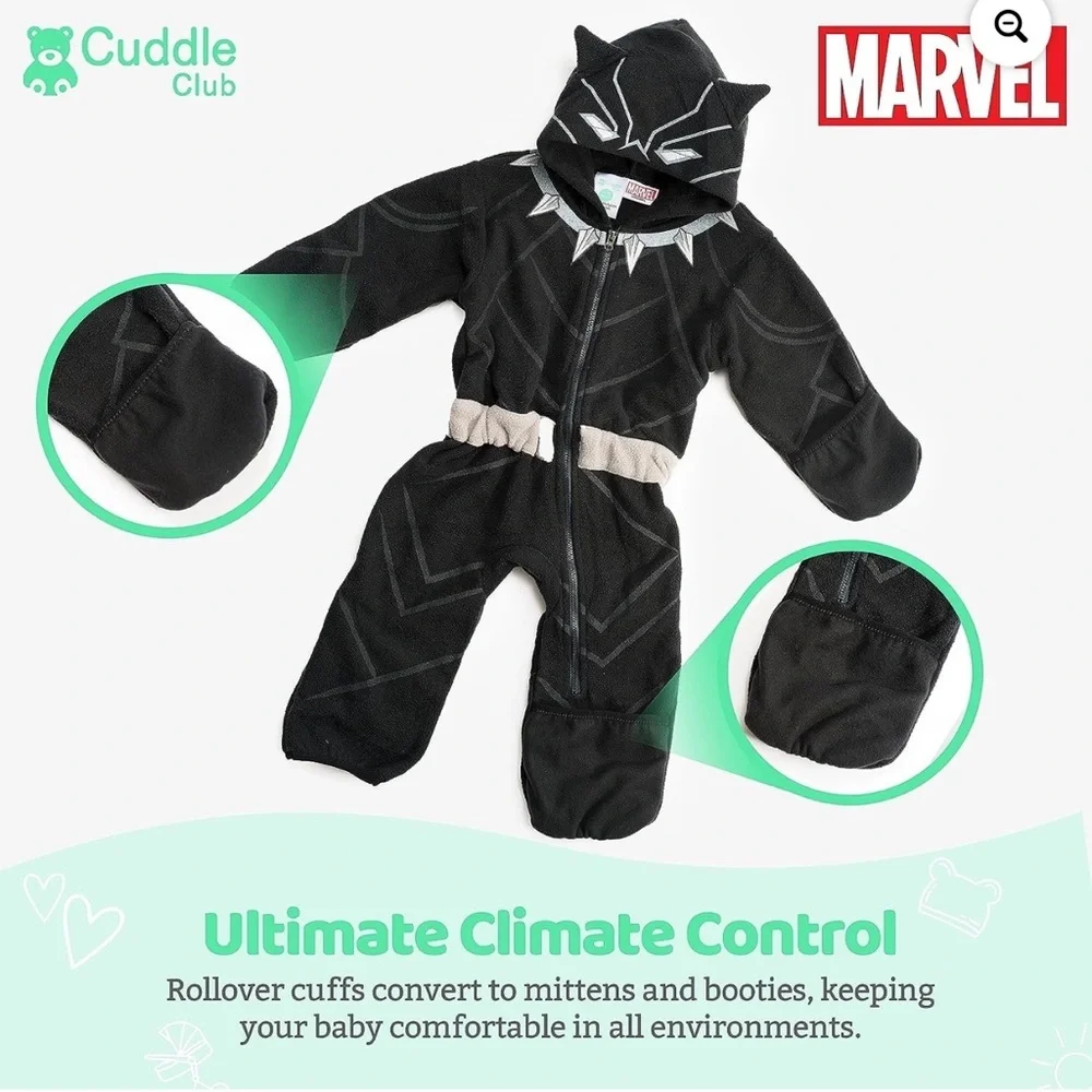 MARVEL Cuddle club Black Panther Kids fleece Costume zip up jumpsuit size 12-18M
